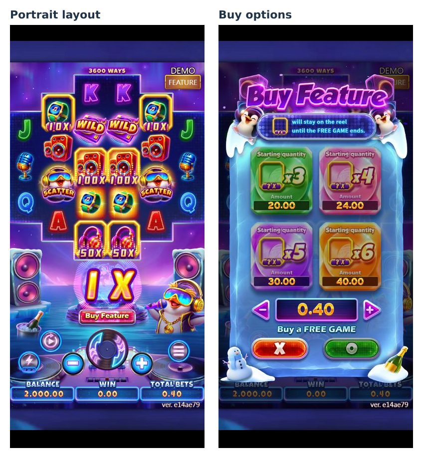 Actual portrait viewport and Buy Feature menu shown side by side Actual portrait viewport and Buy Feature menu shown side by side