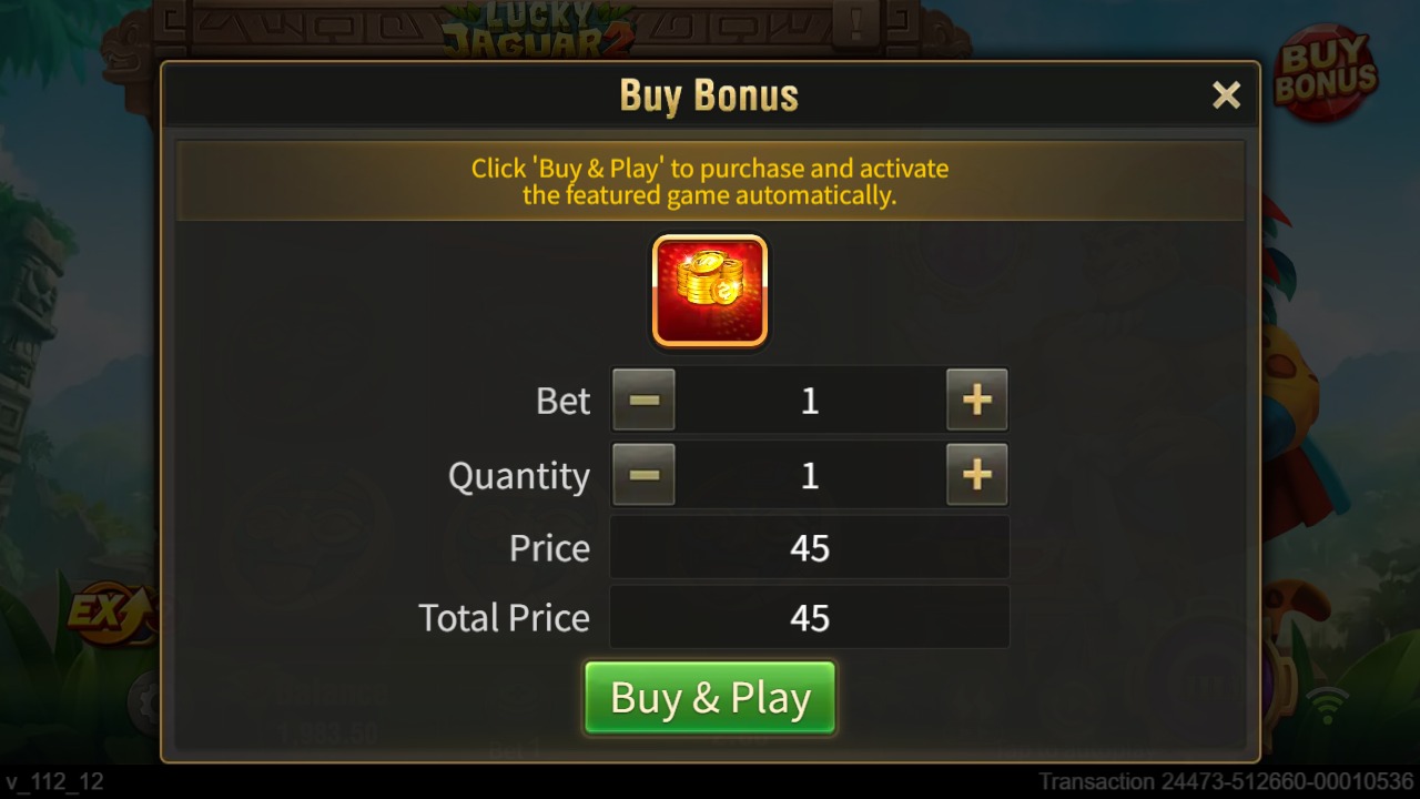 Lucky Jaguar 2 Buy Bonus panel showing base bet 1, quantity 1 and total price 45