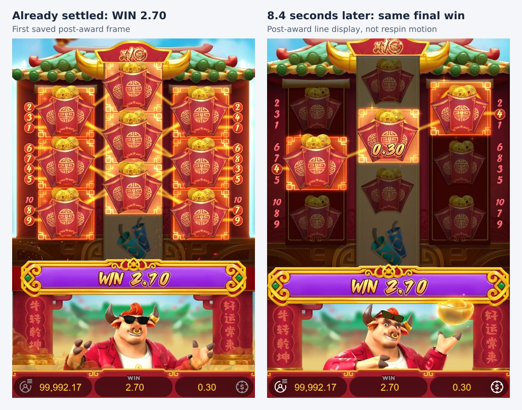 Two real post-award frames from spin 42 showing the 2.70 final win and a later highlighted red-envelope line
