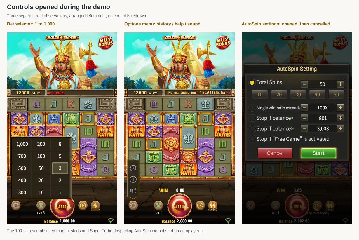 Actual Golden Empire Bet selection, options menu and Autoplay settings panels opened during the review
