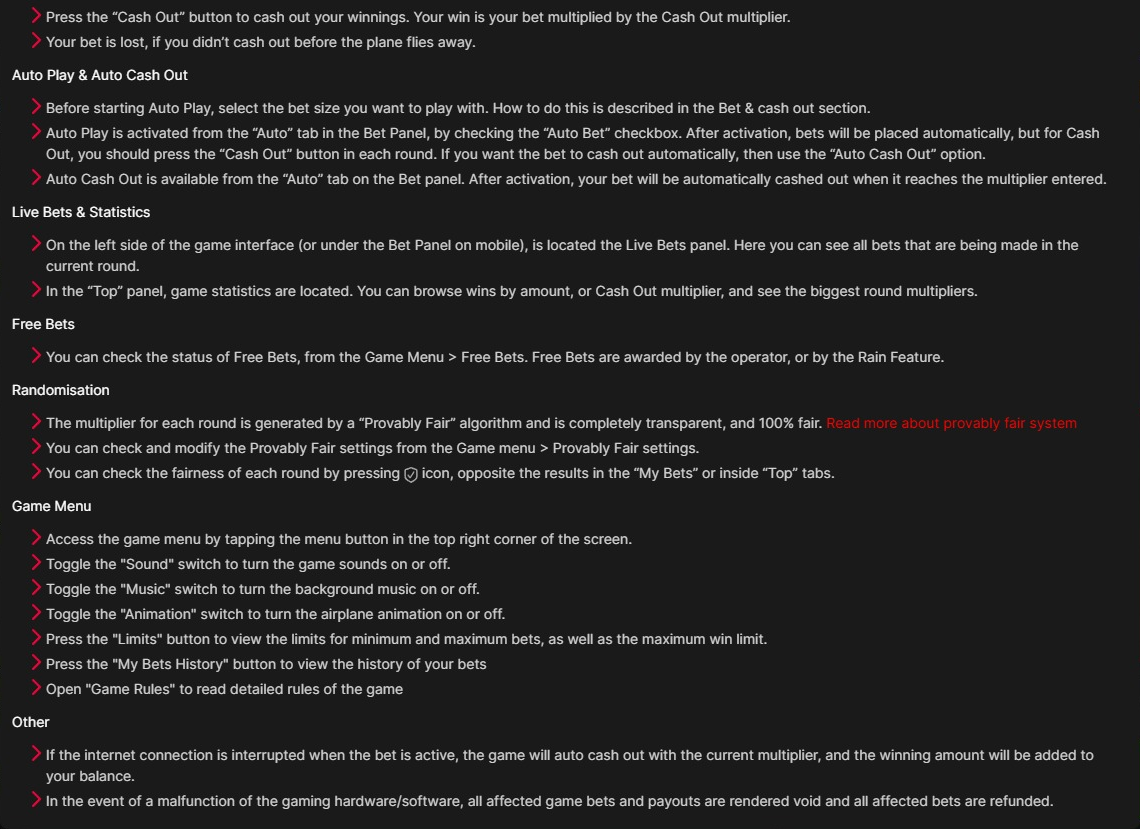 Original Help text for Auto Play, Free Bets, randomisation, menu controls and interruption rules