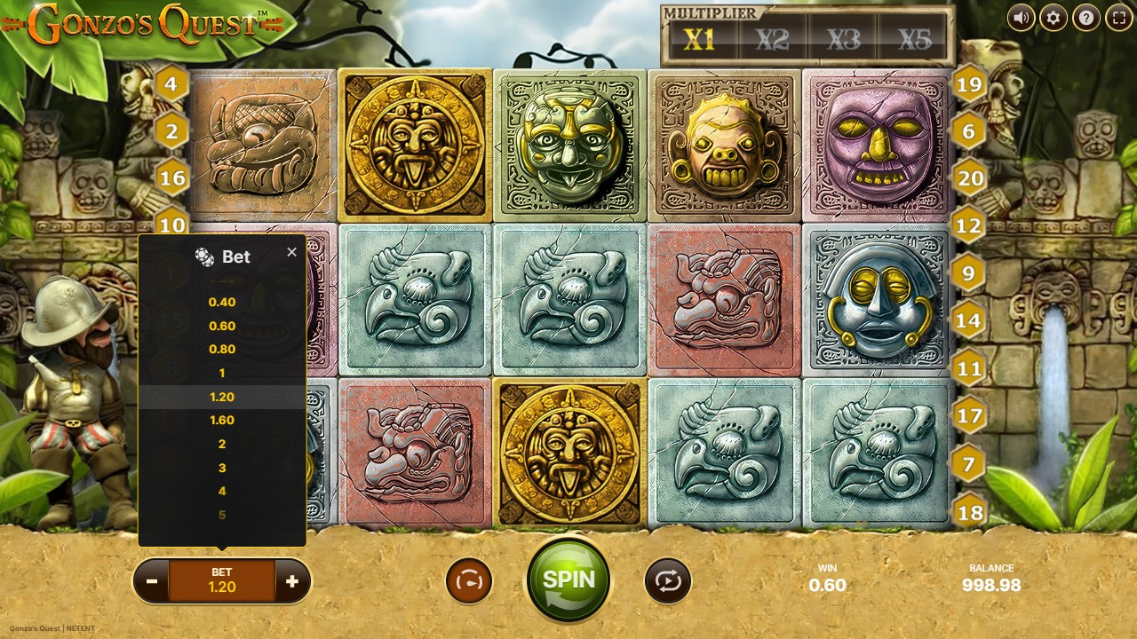 Gonzo’s Quest expanded bet selector with 1.20 selected