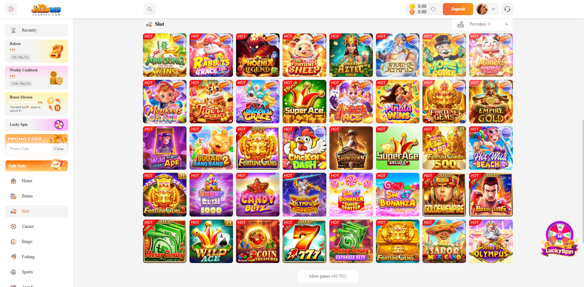 Juan365 Slot catalogue displaying game tiles and a More games counter of 40 out of 792.