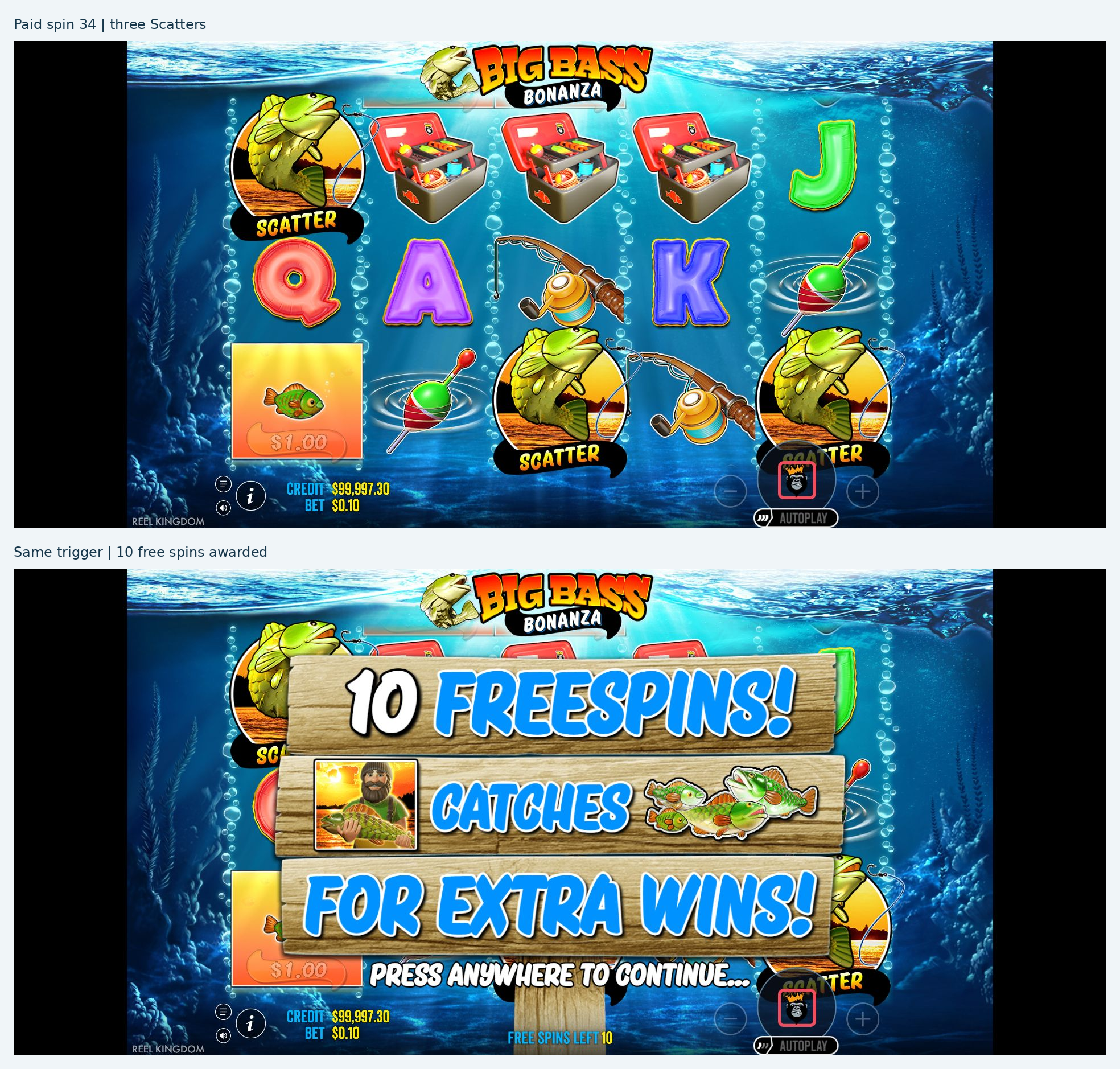 Three Scatters followed by ten free spins