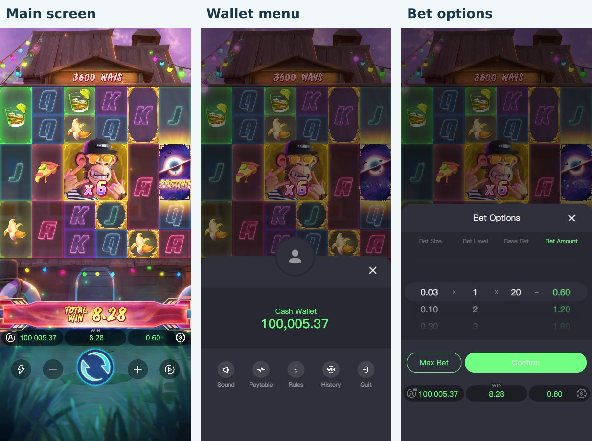 Three portrait views of Wild Ape: the main screen, wallet menu and Bet Options at 0.60 demo units
