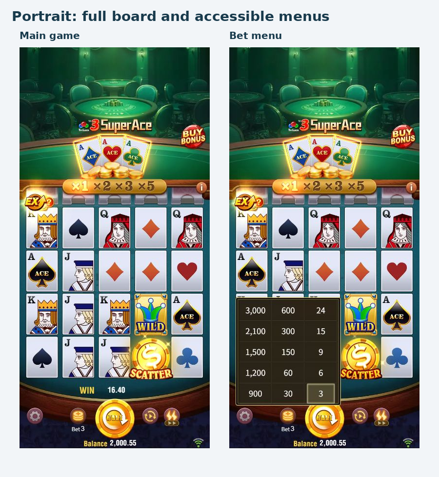 Portrait 3 Super Ace main game and open Bet menu at a 390 by 844 viewport. Portrait 3 Super Ace main game and open Bet menu at a 390 by 844 viewport.