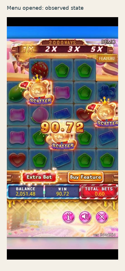 Sugar Bang Bang menu opened in a portrait desktop simulation