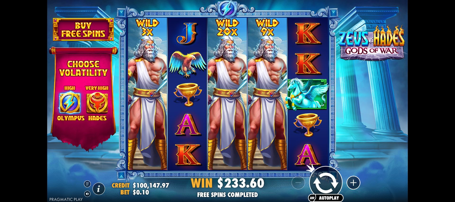 Completed Olympus Super round with three expanded reels marked 3x, 20x and 9x and total win 233.60