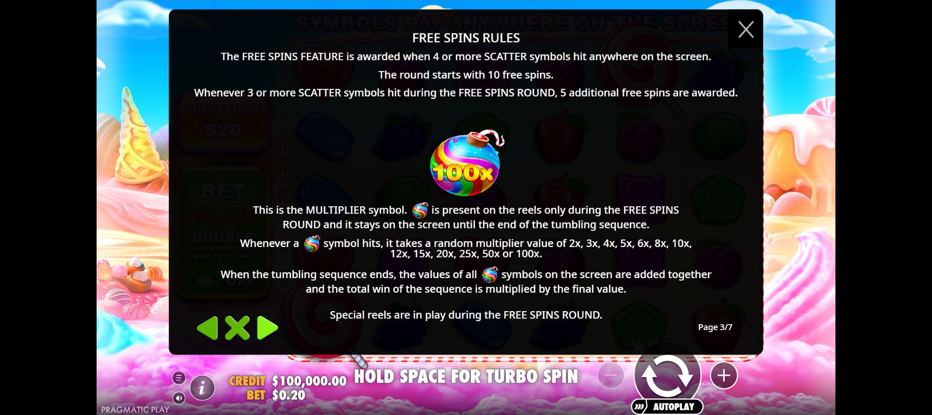Current Help page three with the ten free spins trigger and the free spin only multiplier bomb rules
