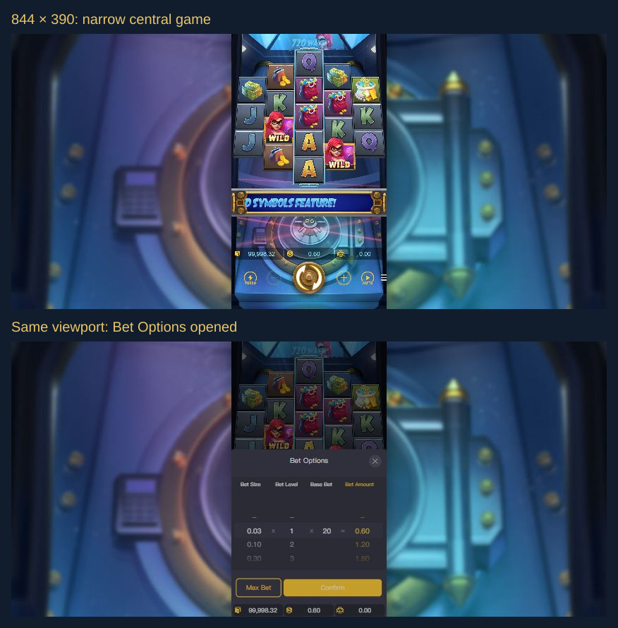 Heist Stakes at 844 by 390 with a narrow central portrait game and an opened Bet Options panel