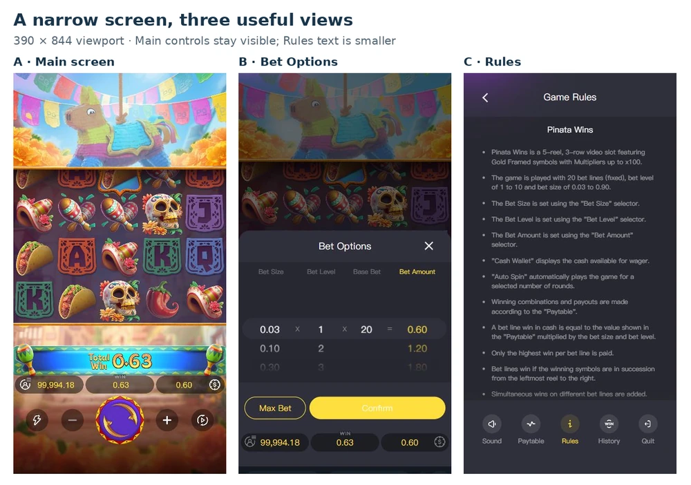 Three actual narrow-screen views of Piñata Wins showing the main game, Bet Options and Rules.