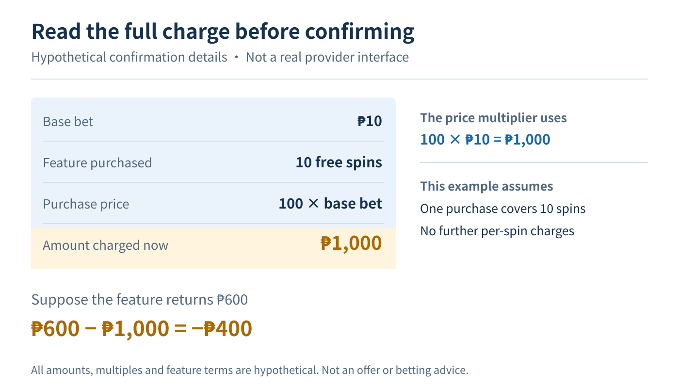 Hypothetical confirmation: a ₱10 base bet and a price of 100 times the base bet buy 10 free spins for ₱1,000. Those 10 spins carry no additional per-spin charge in this example. A total return of ₱600 means a net loss of ₱400.