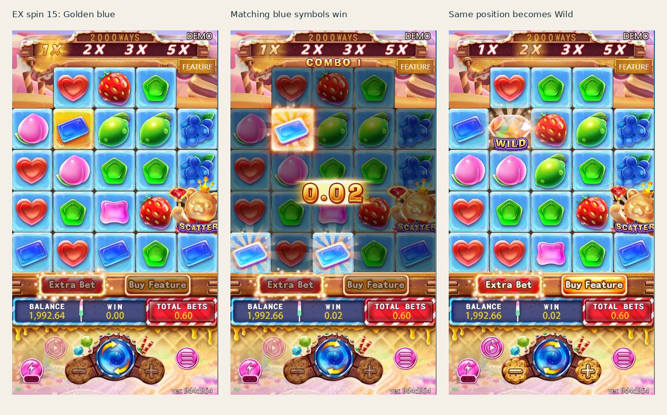 Golden blue rectangle wins in Extra Bet spin 15 and the same position becomes Wild