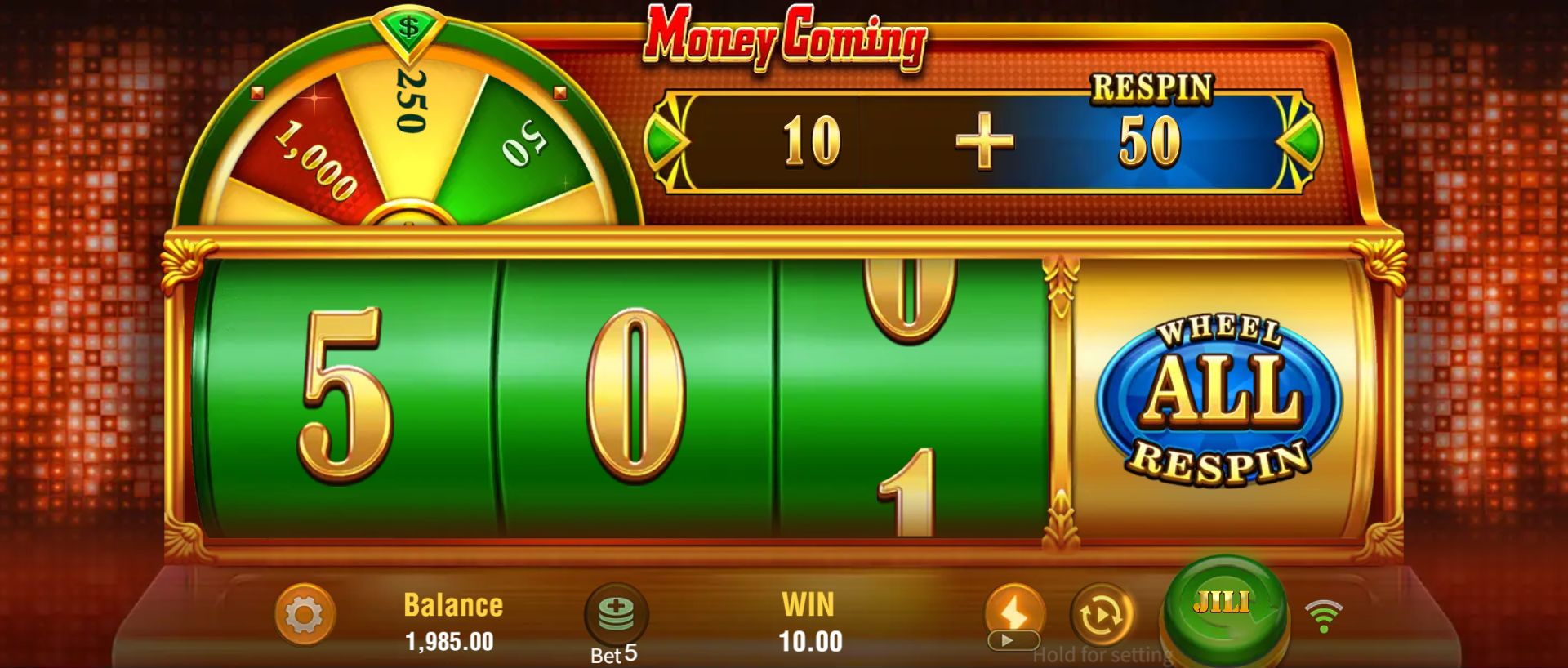 Round 3's respin result showing 10 plus 50 with WIN 10 and the balance still 1985 before final crediting