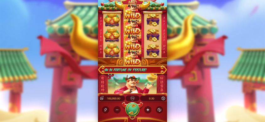 Fortune Ox in a real desktop-browser 844 by 390 landscape viewport with a narrow central game stage