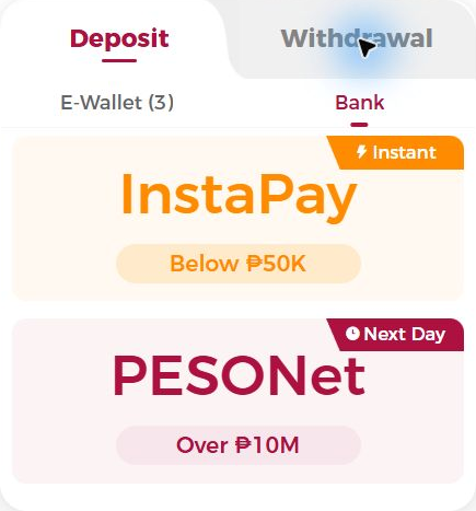 NUSTAR Online Bank deposit menu showing InstaPay and PESONet options