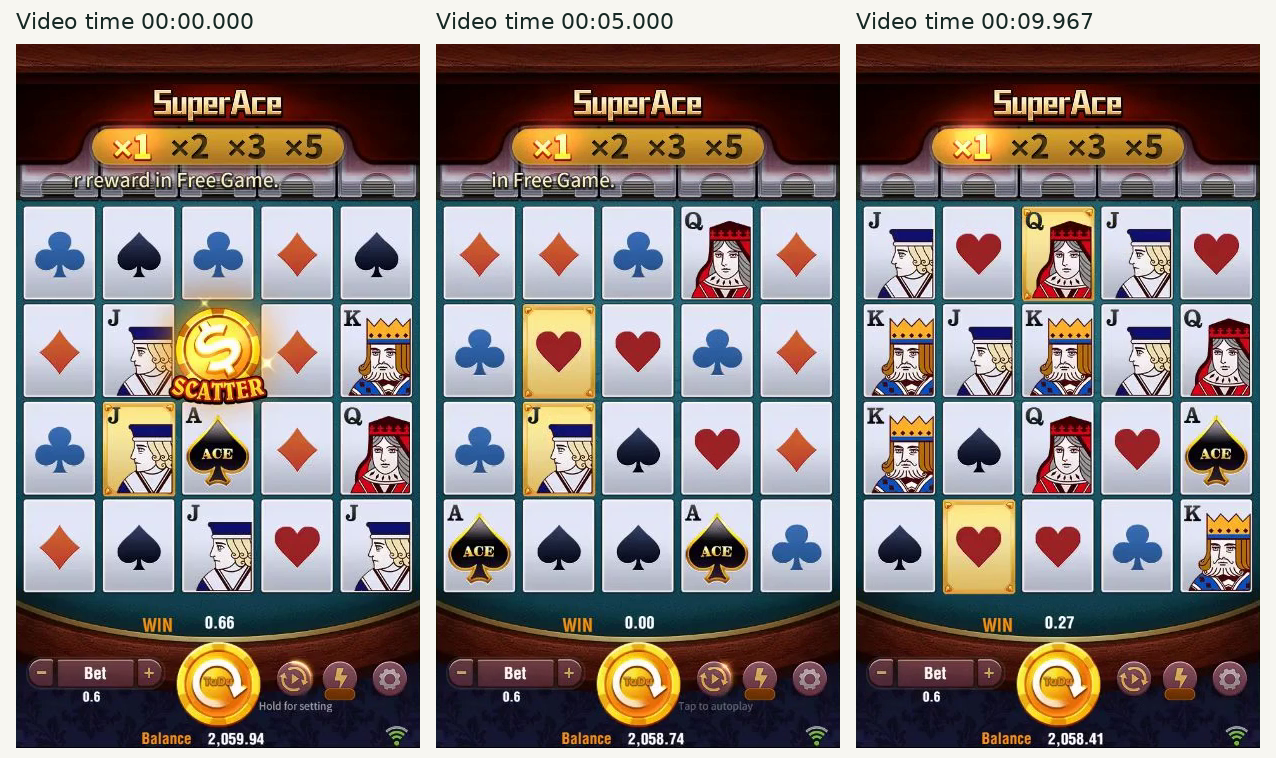 Three equal-height frames from the 10-second silent Super Ace screenshot-sequence video, labeled 00:00.000, 00:05.000 and 00:09.967.