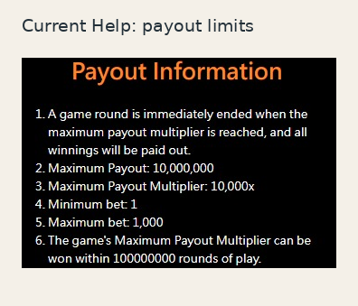 Wild Ace current Help displays 10000 times maximum multiplier, 10000000 maximum payout and bet limits one to one thousand