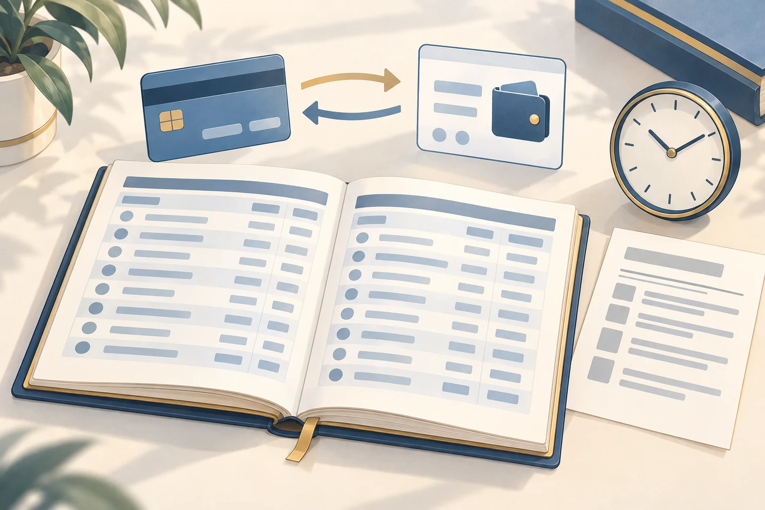 Editorial illustration of comparing deposit and withdrawal records, processing time and payment conditions.