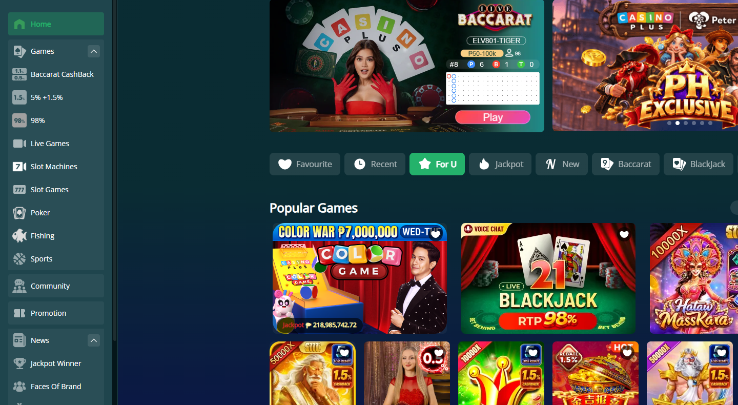 Casino Plus desktop navigation and game cards
