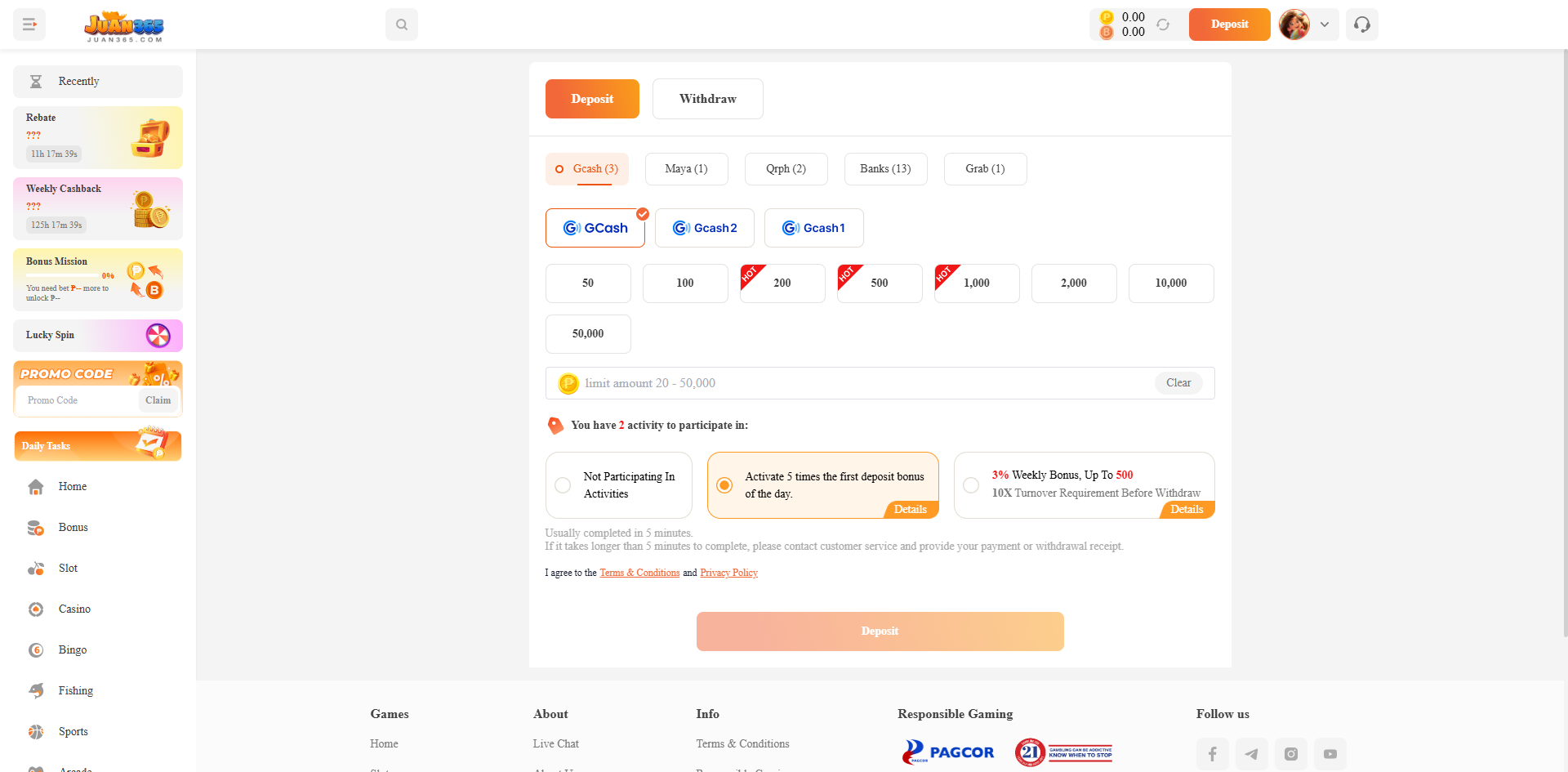 Juan365 deposit page showing GCash, Maya, QRPH, banks and Grab, with a PHP 20 to PHP 50,000 amount range.
