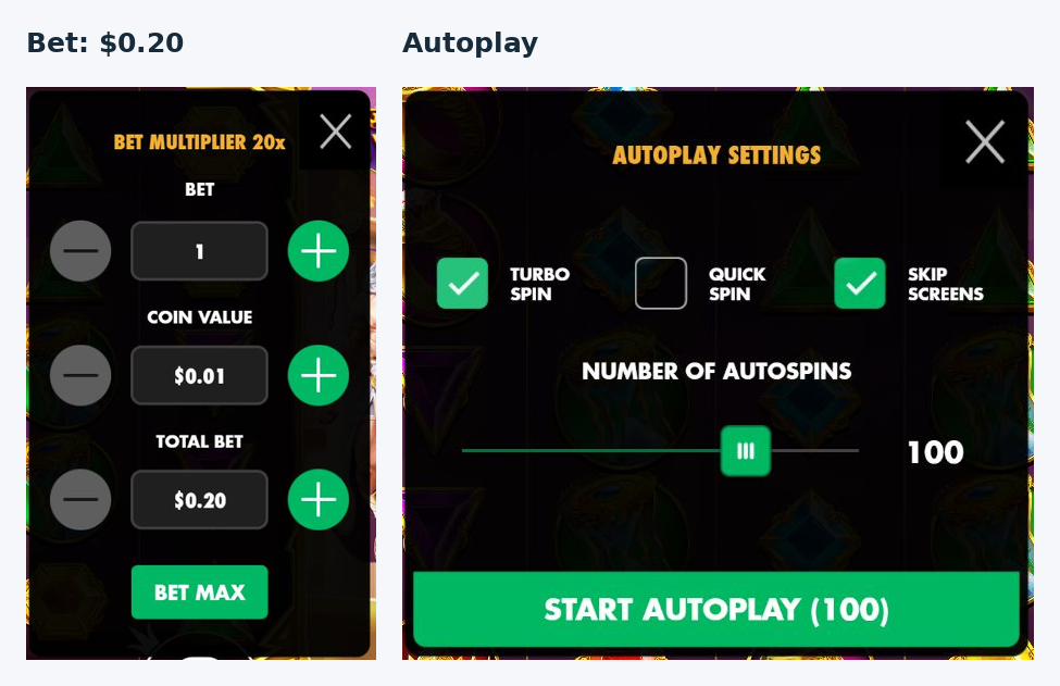 Actual Bet and Autoplay panels arranged side by side without stretching