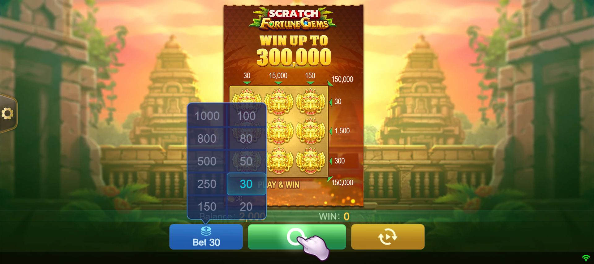 Expanded Bet menu with ten prices from 20 to 1,000 and 30 highlighted