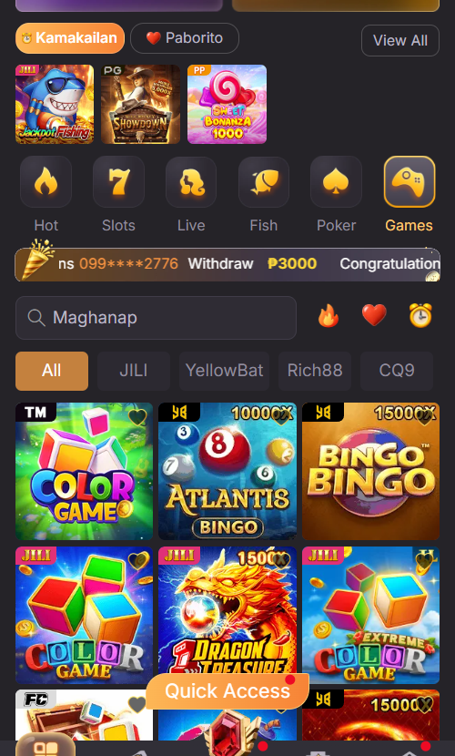 GTongitsPlus game categories, provider filters and selected bingo and color games