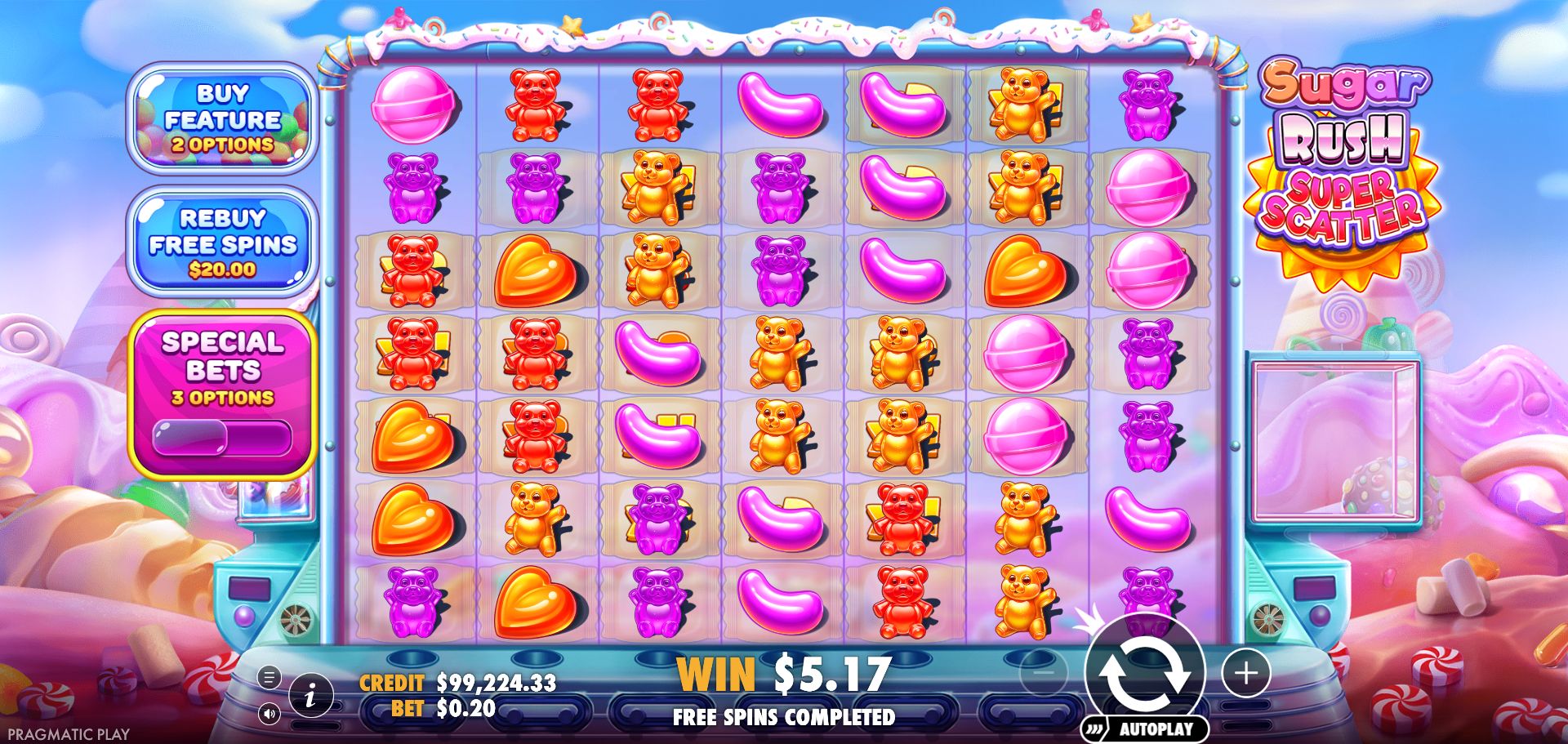 Sugar Rush Super Scatter completed ordinary purchase, showing USD 5.17 payout and Special Bets off.
