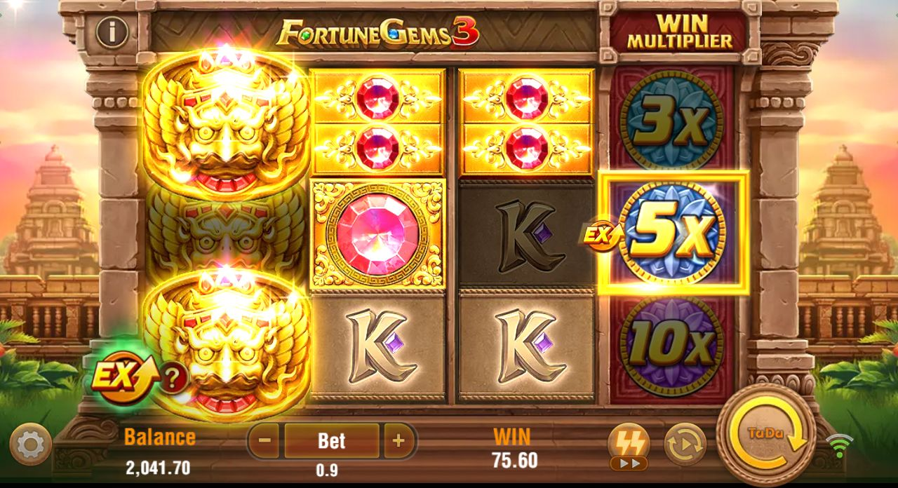 Split red gems and the central 5× multiplier produce a final WIN of 75.60 in Fortune Gems 3.