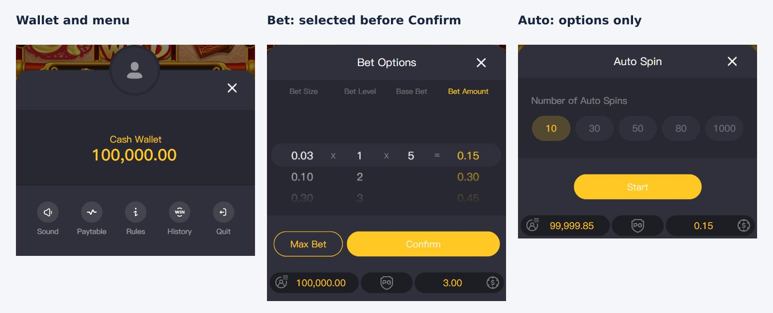 Actual Cash Wallet menu, Bet Options selection and Auto Spin panel, with English panel labels