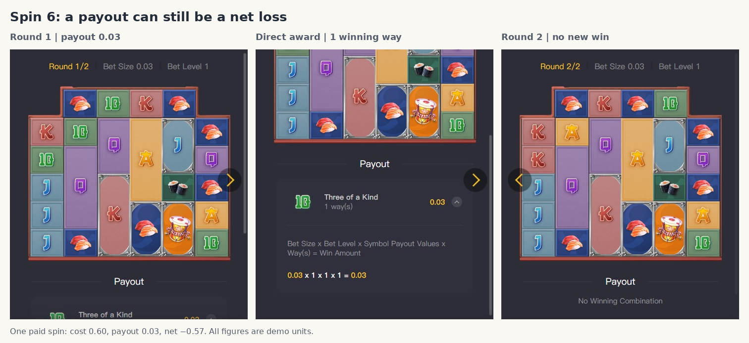 Spin 6 direct one-Way payout of 0.03 and its recorded calculation
