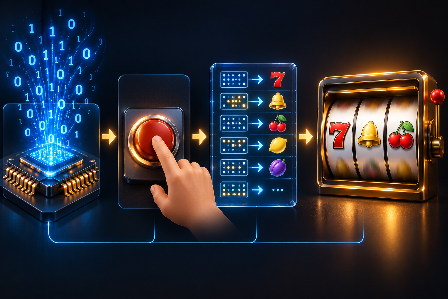 Conceptual diagram linking random-number inputs, a spin button, game-rule mapping and displayed reel symbols.