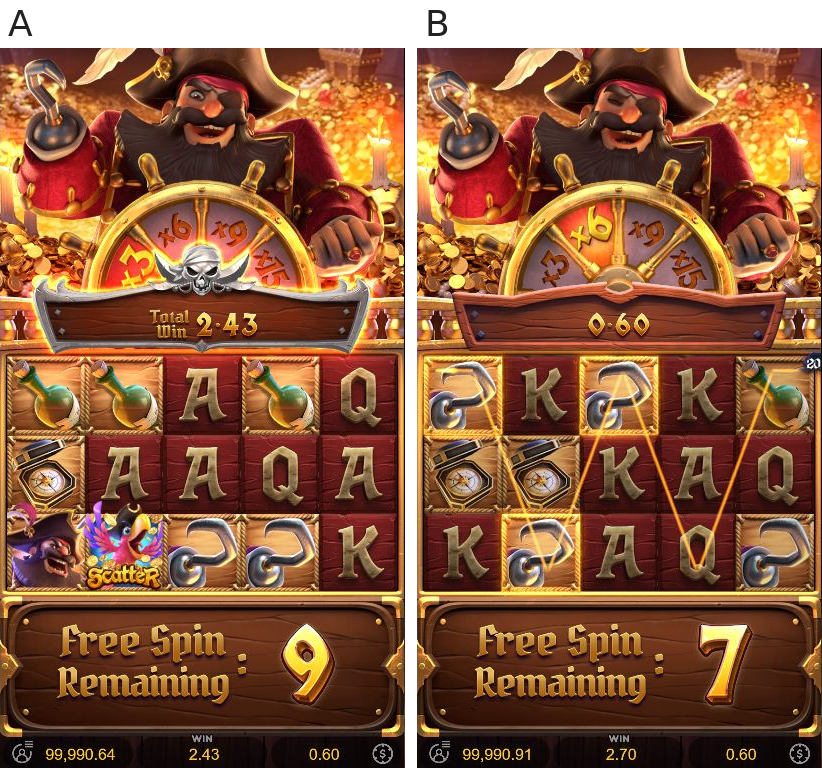 A: Free-spin progress at x3 showing cumulative Total Win 2.43; B: Free-spin progress at x6 with seven spins remaining, a 0.60 line amount and cumulative Win 2.70