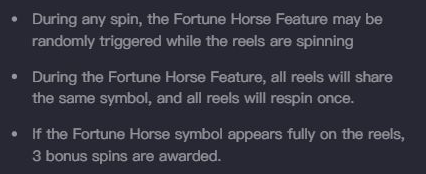 Current Help text describing random Horse Feature, one respin and three Bonus Spins for full Horse appearance