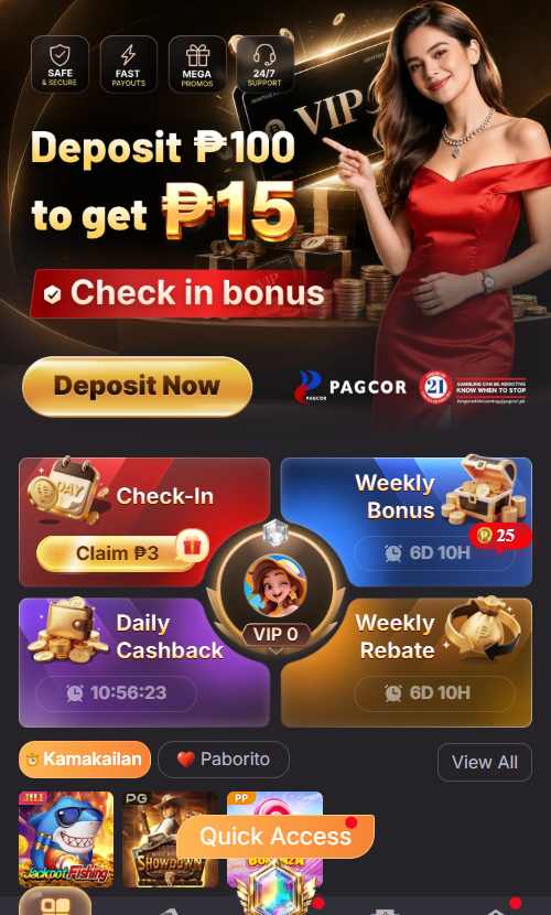 GTongitsPlus homepage showing check-in, daily cashback, weekly bonus and weekly rebate
