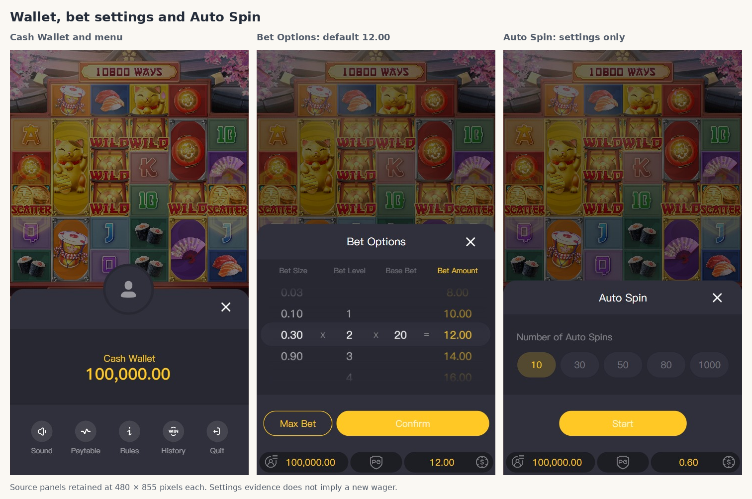 Real Lucky Neko wallet menu, Bet Options and Auto Spin panels side by side