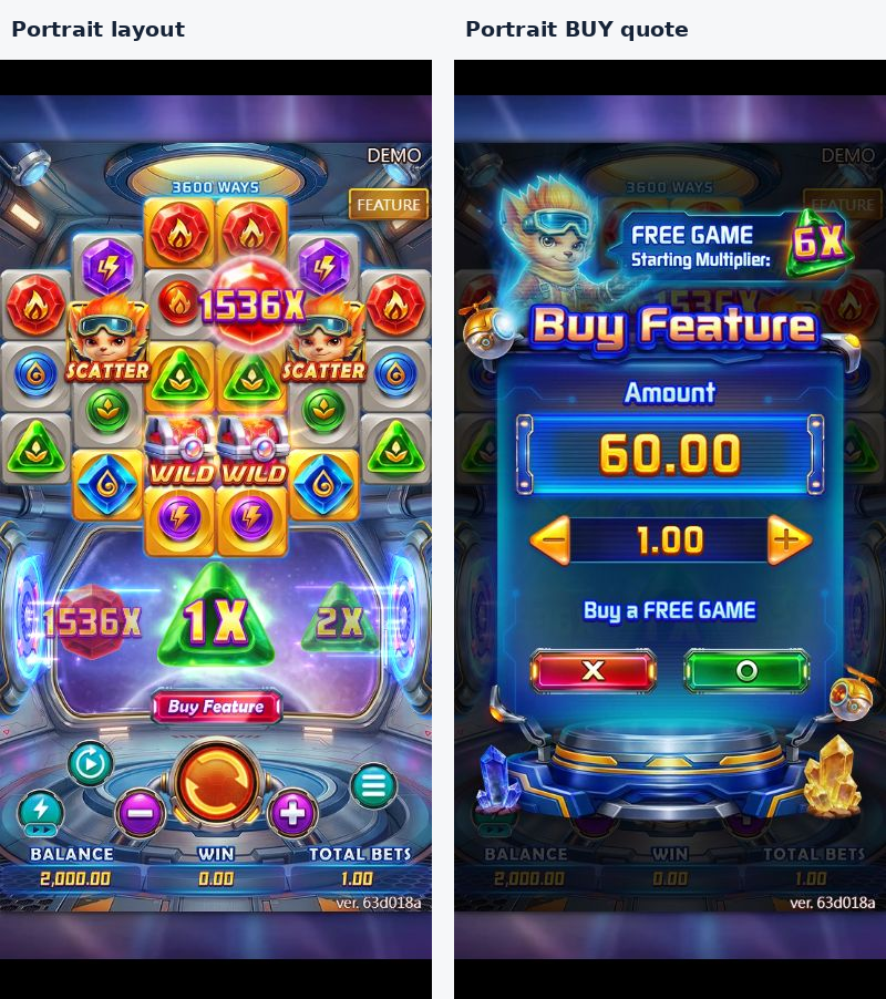 Portrait-size simulated main screen and BUY quotation with stake1.00 and price60.00