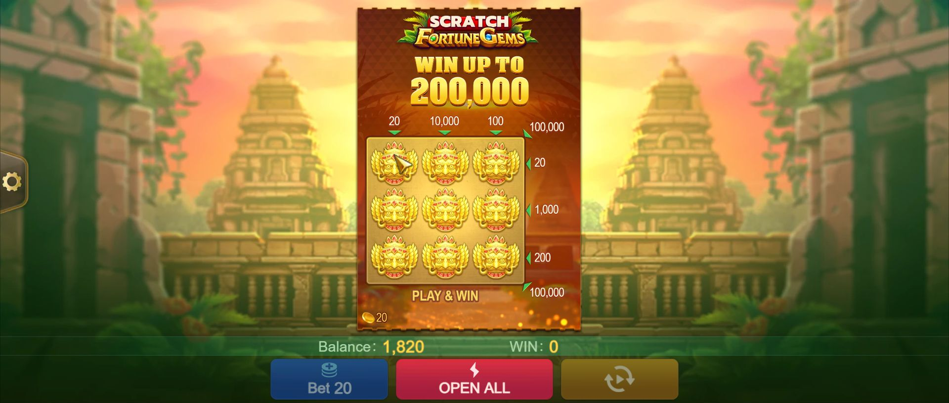 Card 9 purchased for 20 units with covered squares and balance 1,820