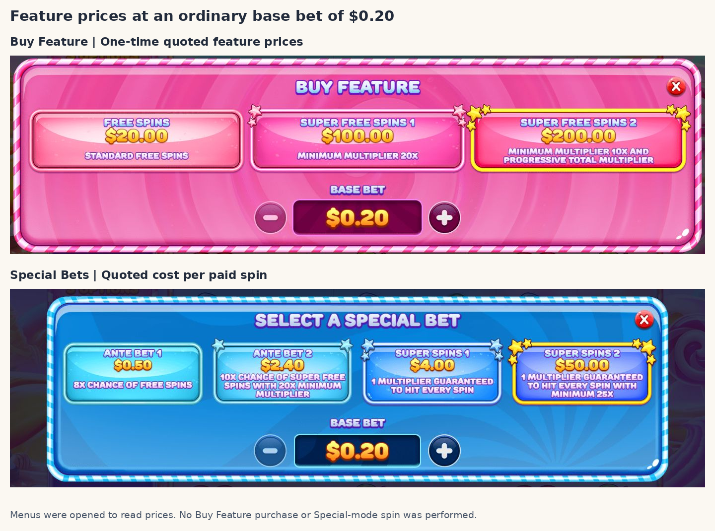 Real Buy and Special menus with their prices at a 0.20 base bet