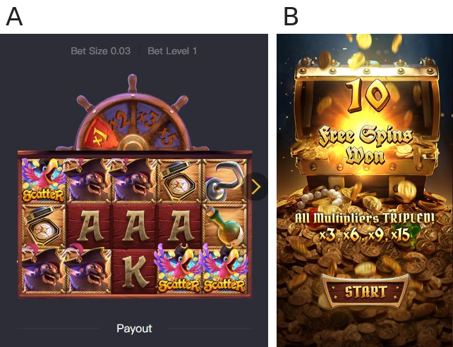 A: Spin 66 trigger board with three Scatter parrots on reels 1, 4 and 5; B: Actual award screen stating 10 Free Spins Won and tripled multipliers