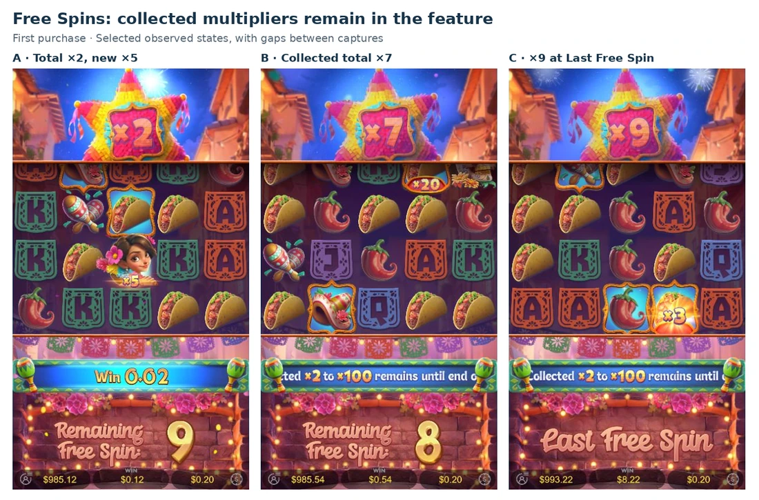 Selected Free Spins states from the first purchase show total ×2 with a new ×5, then total ×7, and later ×9 on Last Free Spin.