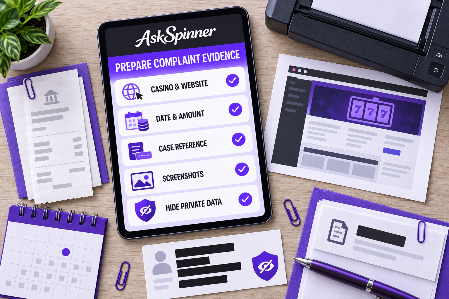 Checklist for casino complaint evidence, including website, date, amount and screenshots.