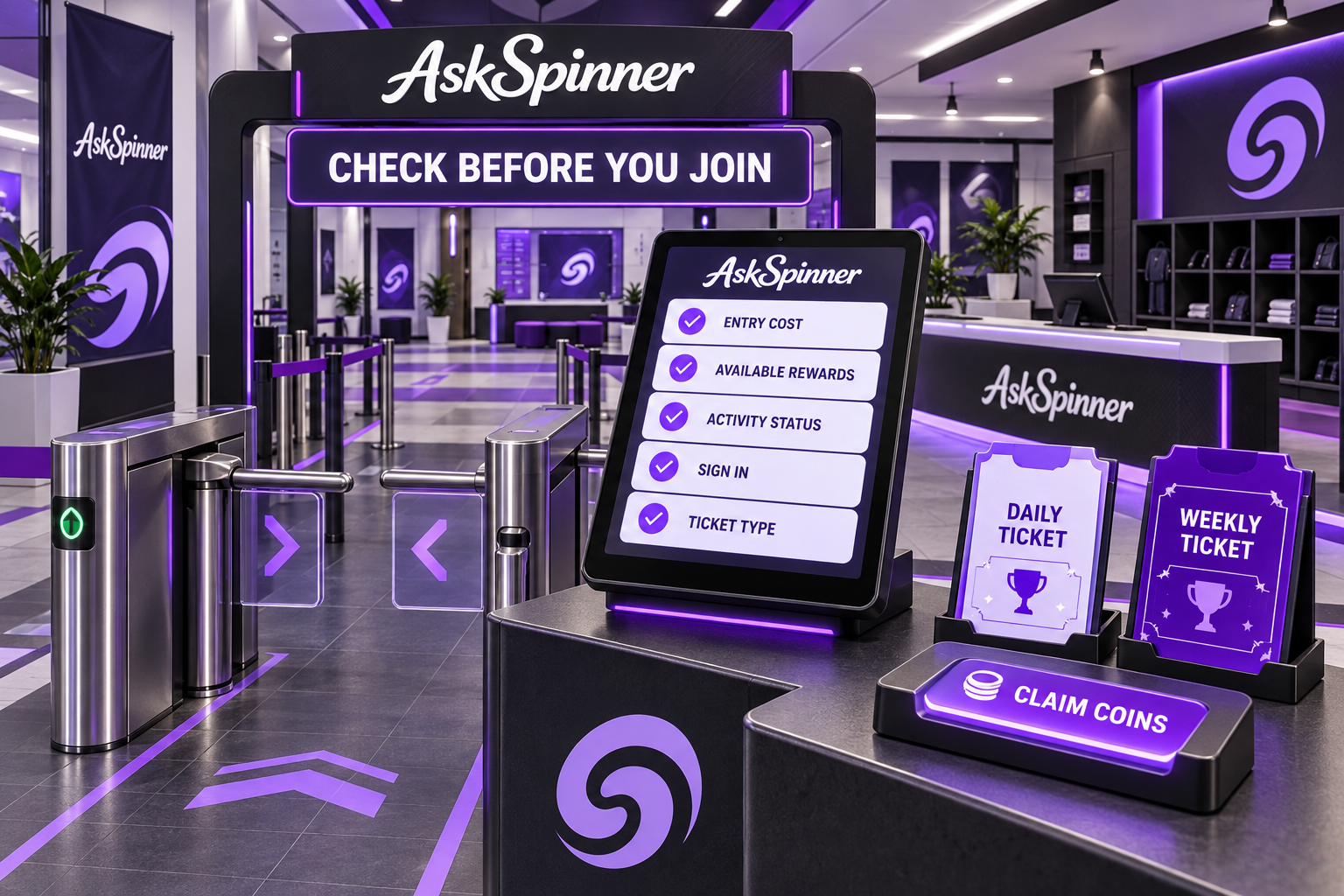 Checklist of entry cost, rewards, activity status and ticket type for AskSpinner activities.