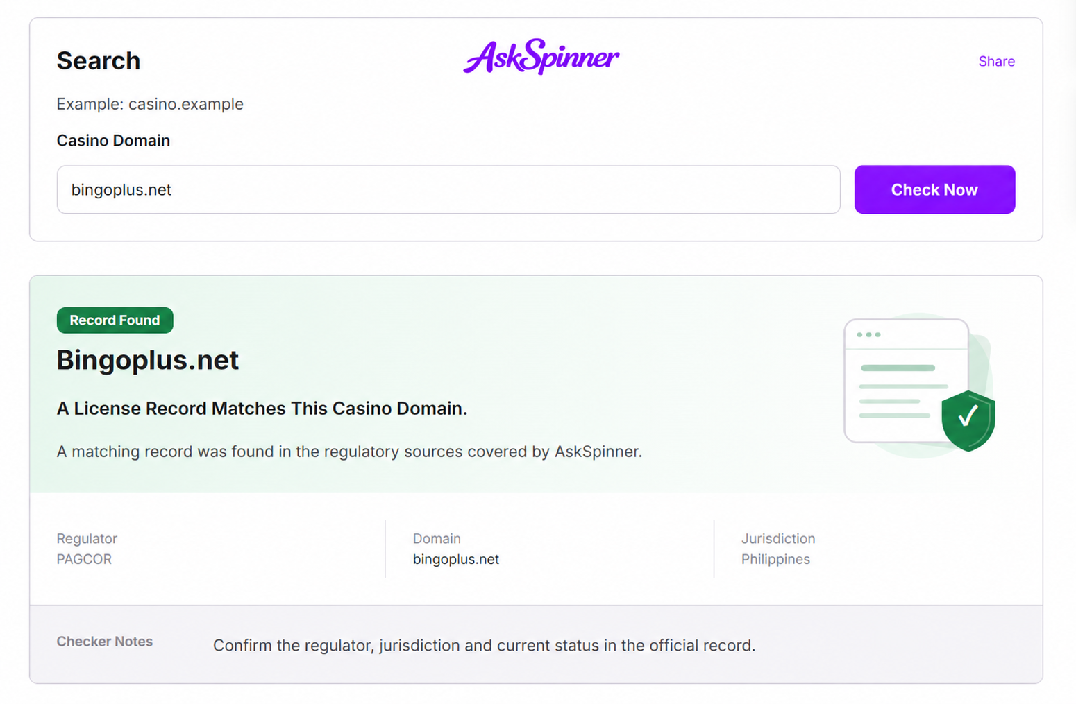 AskSpinner license checker showing a search for bingoplus.net and a matching record in its covered regulatory sources.