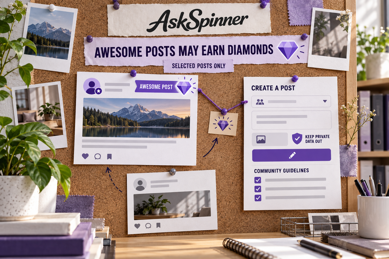 AskSpinner Awesome Posts board showing selected posts and a create-post panel.