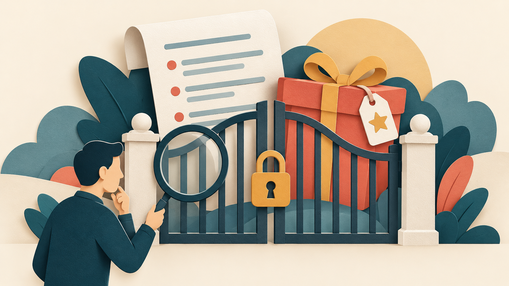 Bonus terms behind a locked gate illustrate wagering conditions.