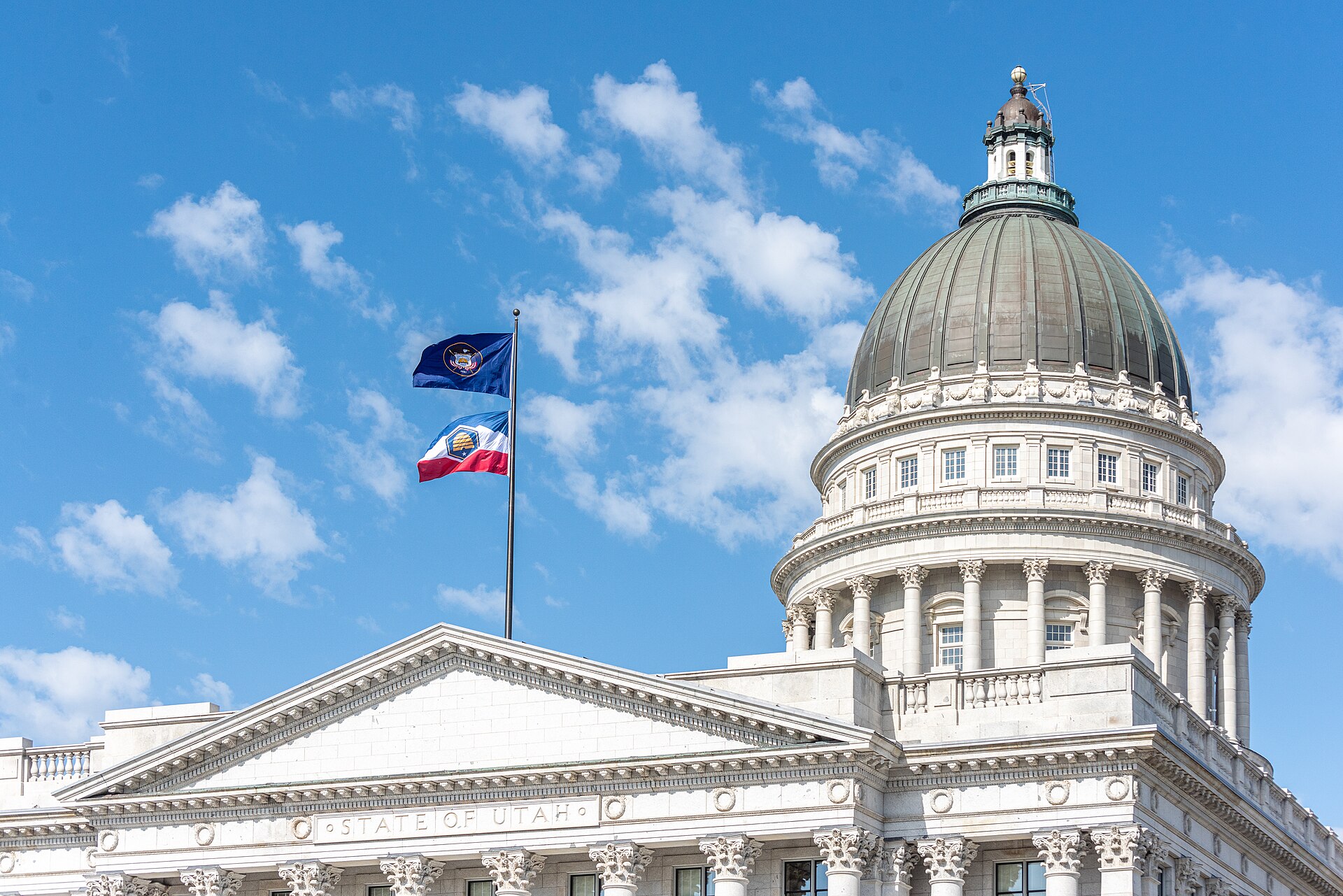 Utah State Capitol dome with the state and US flags, Salt Lake City