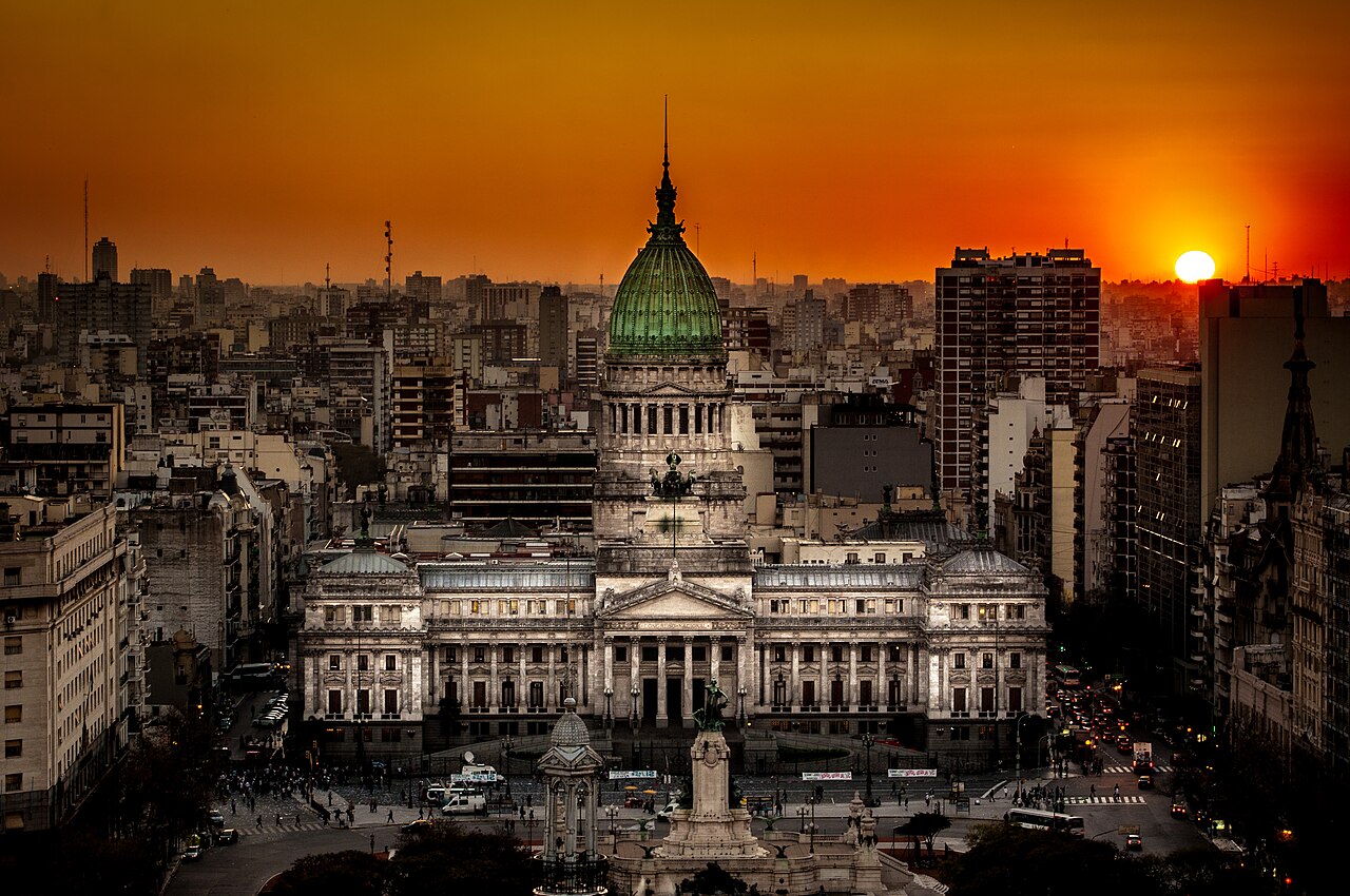 Argentina’s National Congress building at sunset, viewed from Palacio Barolo in Buenos Aires; archival photograph from 11 September 2012.
