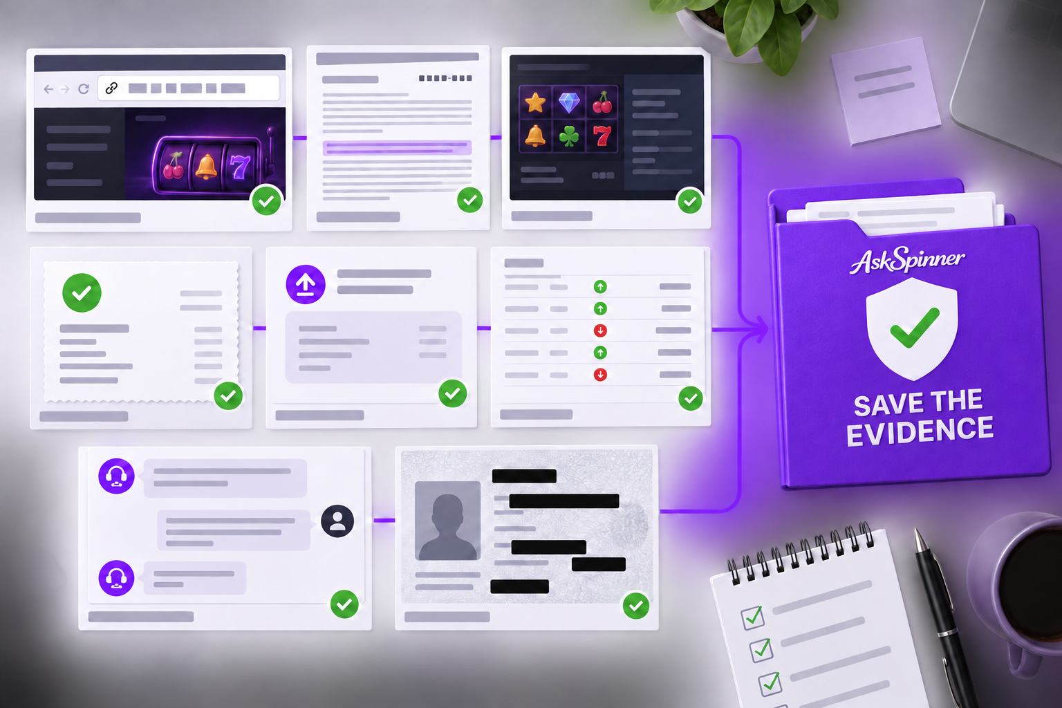Casino screenshots, terms, payment records and support messages are gathered in an AskSpinner evidence folder.